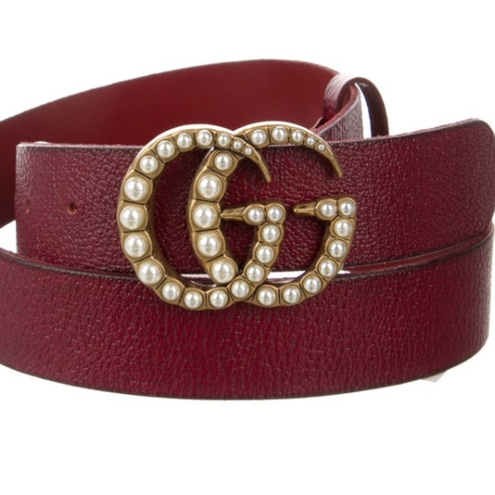 Gucci Red Leather Belt with Pearl-Studded Gold GG Logo - Picture 5 of 5